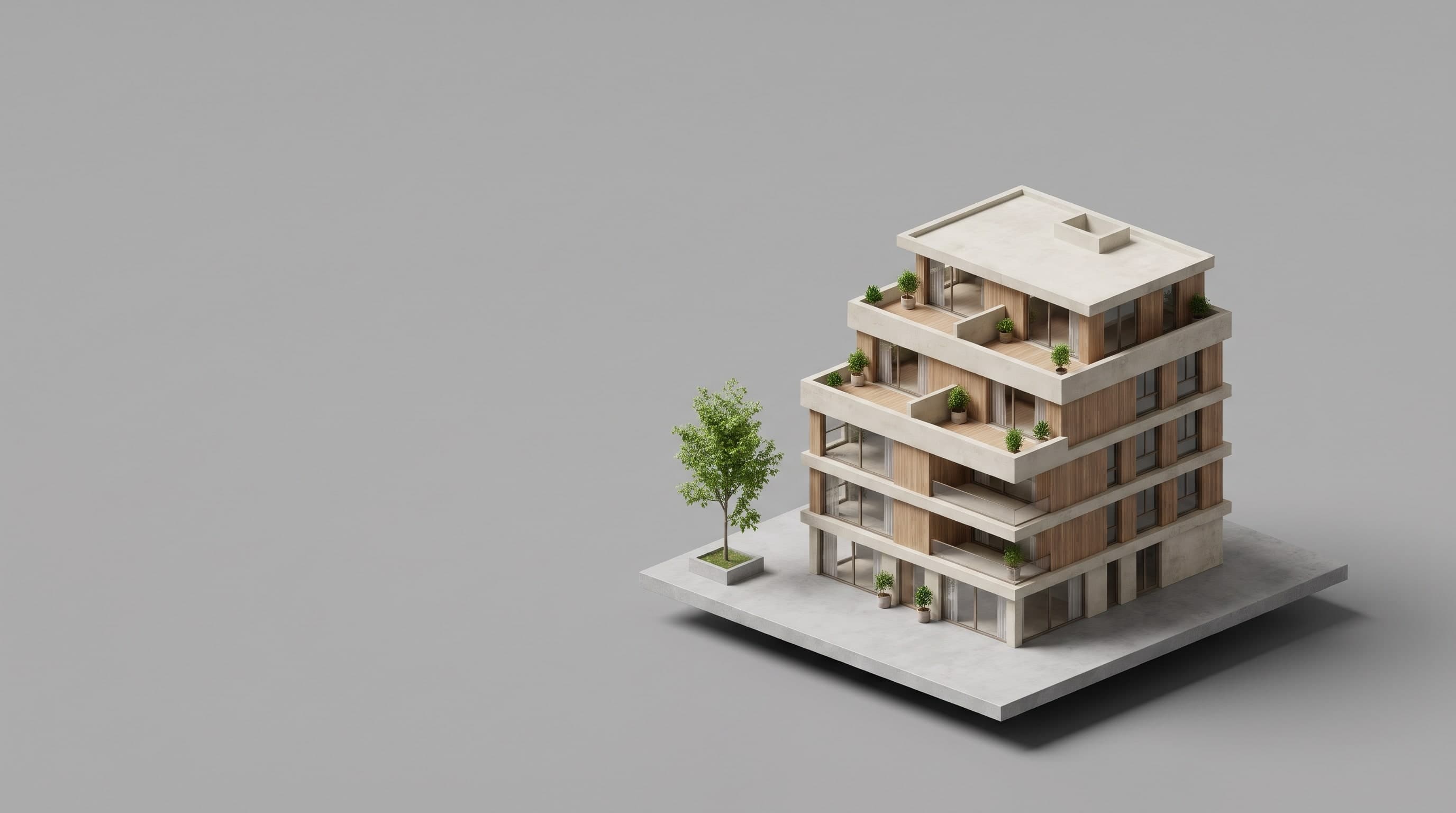 Modell eines terrassierten Wohnhauses mit Holzverkleidung und Pflanzen auf den Balkonen, daneben ein Baum