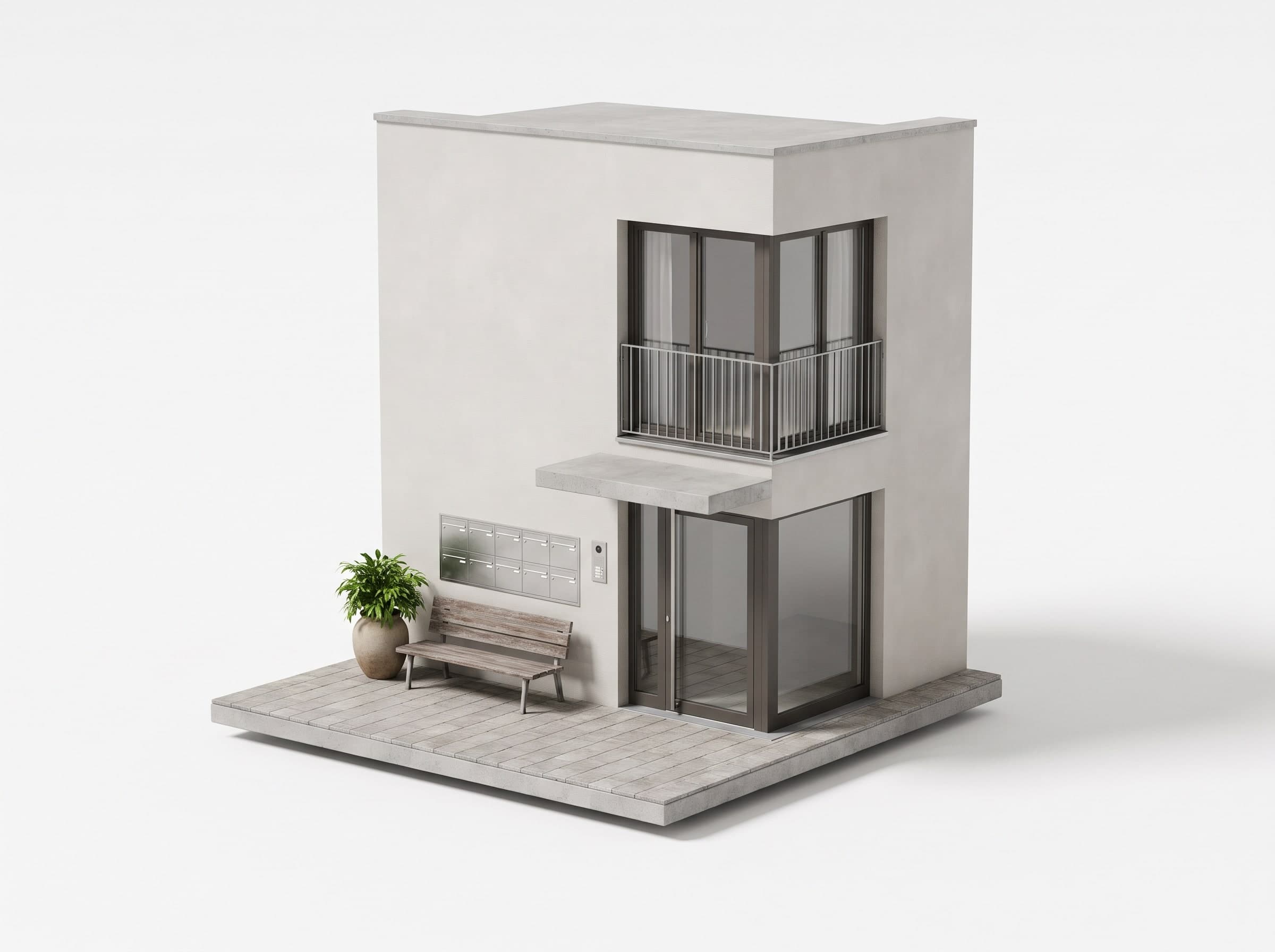 Modell eines Hauseingangs mit Glastür, Briefkästen, Sitzbank und Topfpflanze, darüber ein Balkon