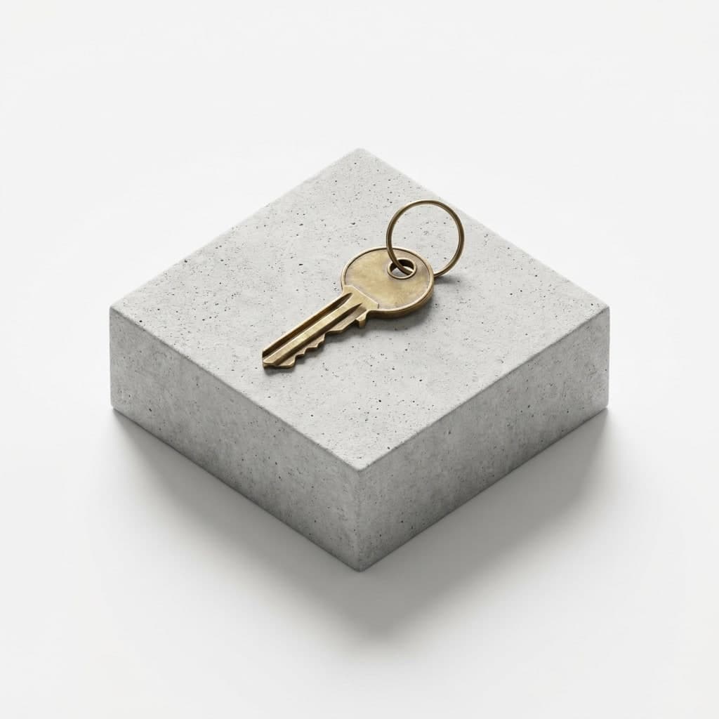 Ein Schlüssel mit Ring liegt auf einem flachen Betonblock