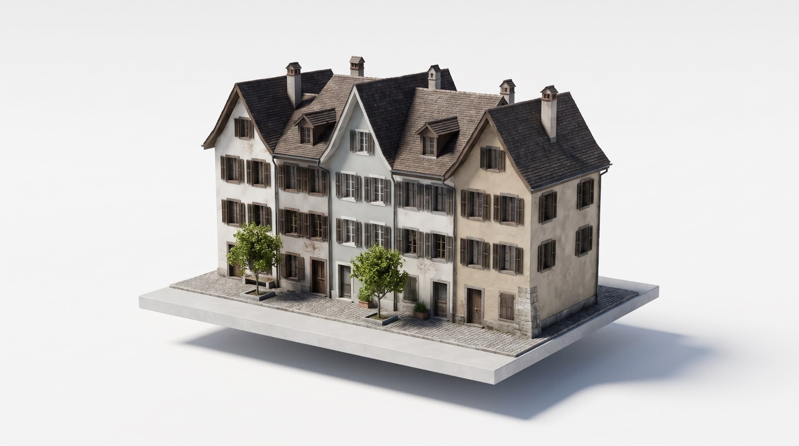 Modell einer Häuserzeile mit Satteldächern, Fensterläden und zwei Bäumen auf einem gepflasterten Sockel